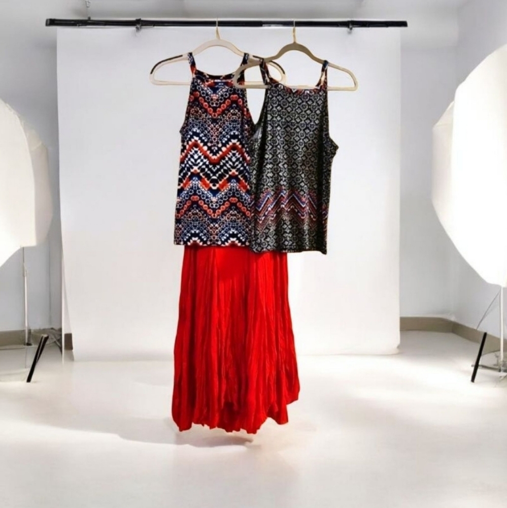 Chic Patterned Tops and Red Skirt Set bundle Med skirt L tops 3 pieces
